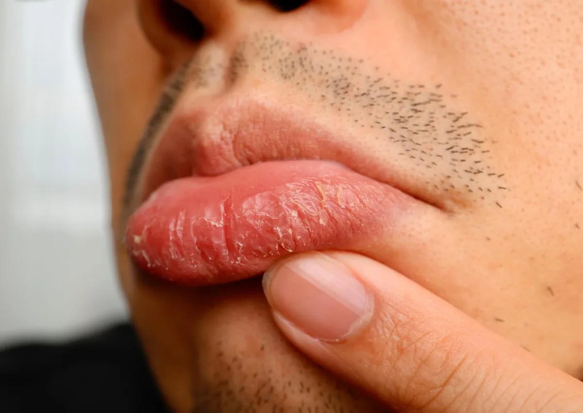 Close-up of dry, cracked lips showing a common symptom associated with persistent dry mouth.