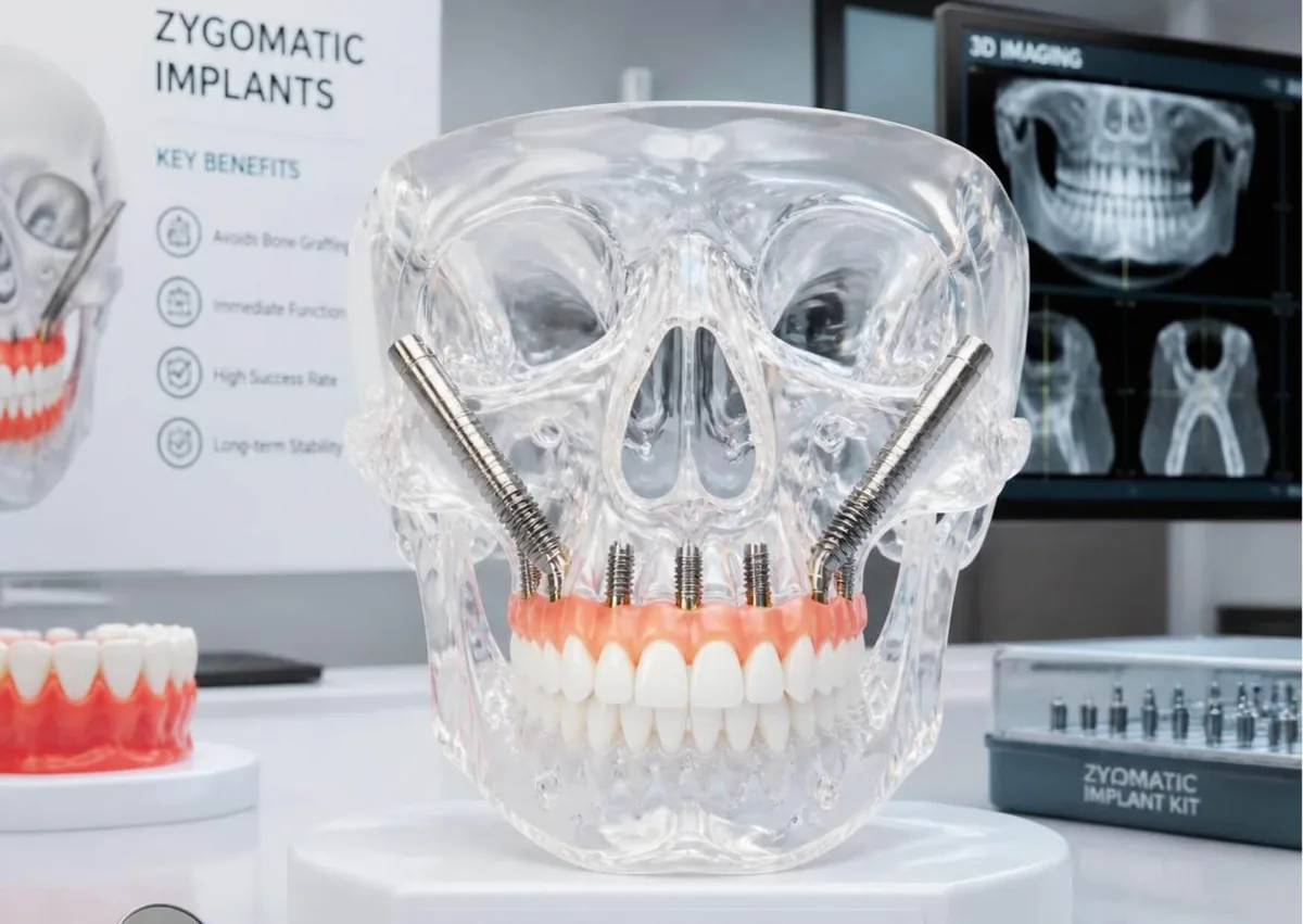 Zygomatic dental implant model showing angled implants anchored in the upper jawbone.